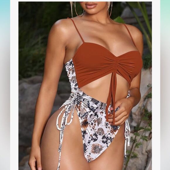 Women's Cut Out Drawstring One Piece Swimsuit Cheeky High Cut Bathing Suit - Picture 2 of 5